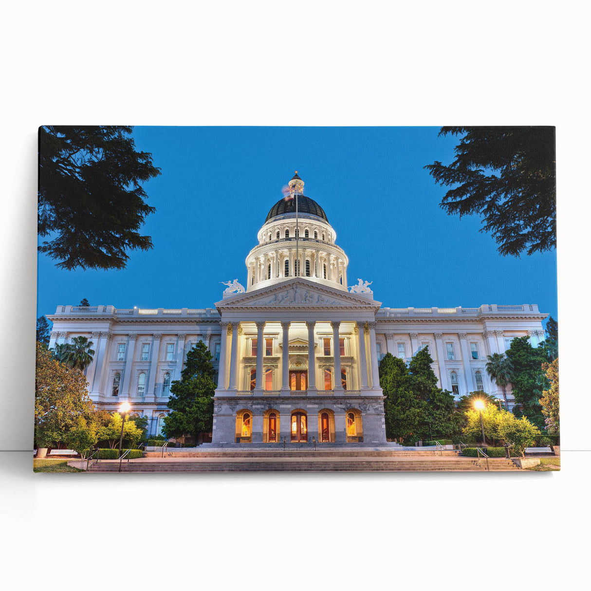 Black and white photo of Sacramento skyline on large stretched canvas, ideal for kitchen wall art.