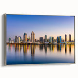 Black and white framed canvas of the San Diego skyline in a vintage poster style, suitable for bedroom wall decor.