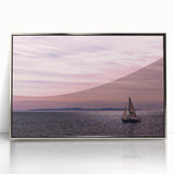Mid-century modernist art of Santa Barbara coastline in muted blue and gray tones on a silver-framed acrylic print.
