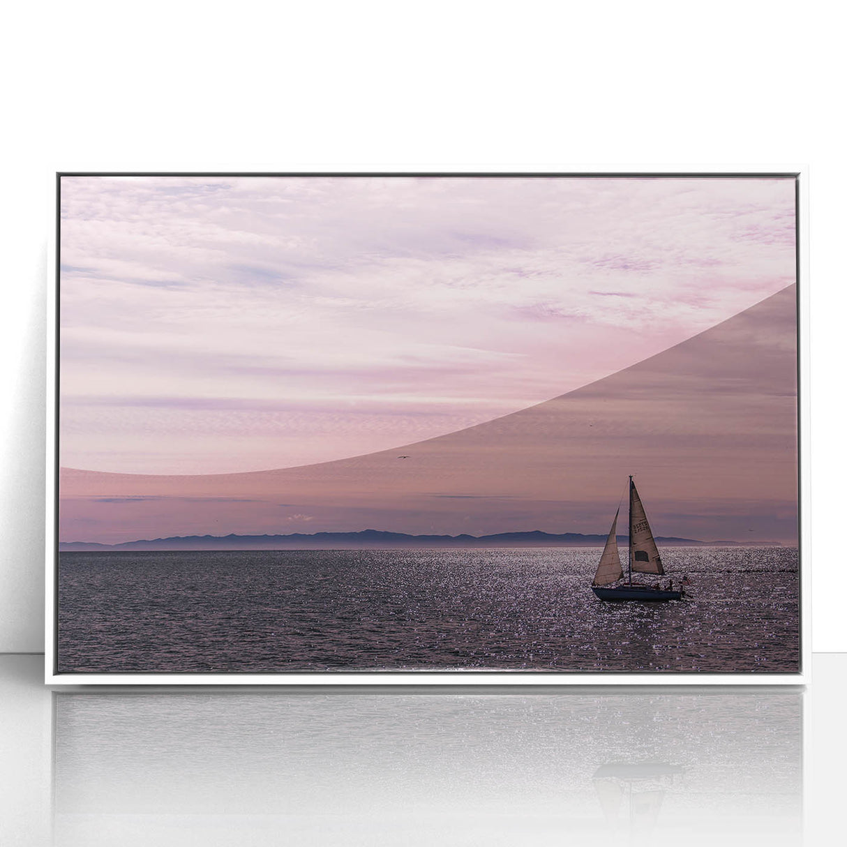 Art Deco style poster of Santa Barbara scenery, framed in white acrylic, featuring pastel color palette.