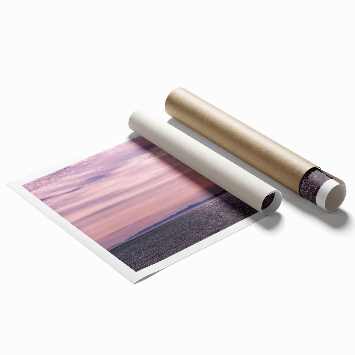Extra large rolled print of Santa Barbara scenery with floral elements in muted tones, ideal for classy bathroom wall art.