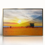 Acrylic print of Santa Monica scenery in gold frame, using mid-century modernist style, suitable for nursery wall art.
