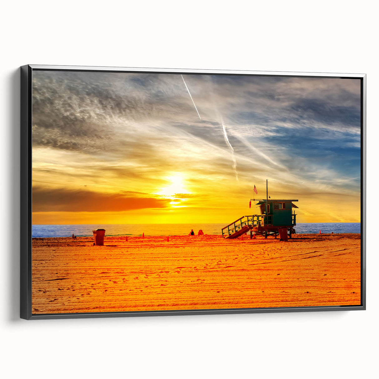 Black and white framed canvas of Santa Monica landscape, featuring a vintage poster style, ideal for bedroom wall art.