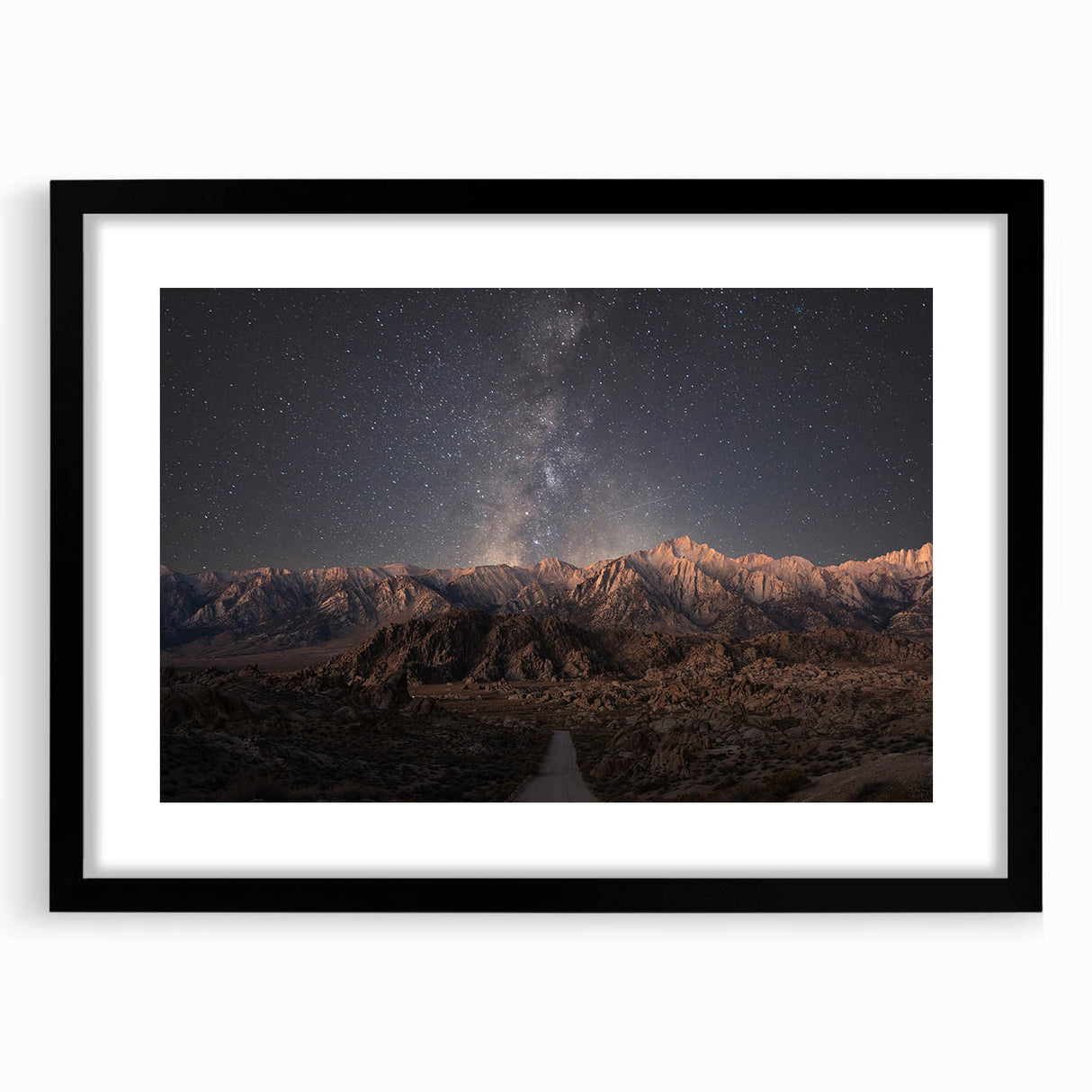 Extra large abstract art print of Sierra Nevada in vibrant colors on a textured canvas, framed in black.