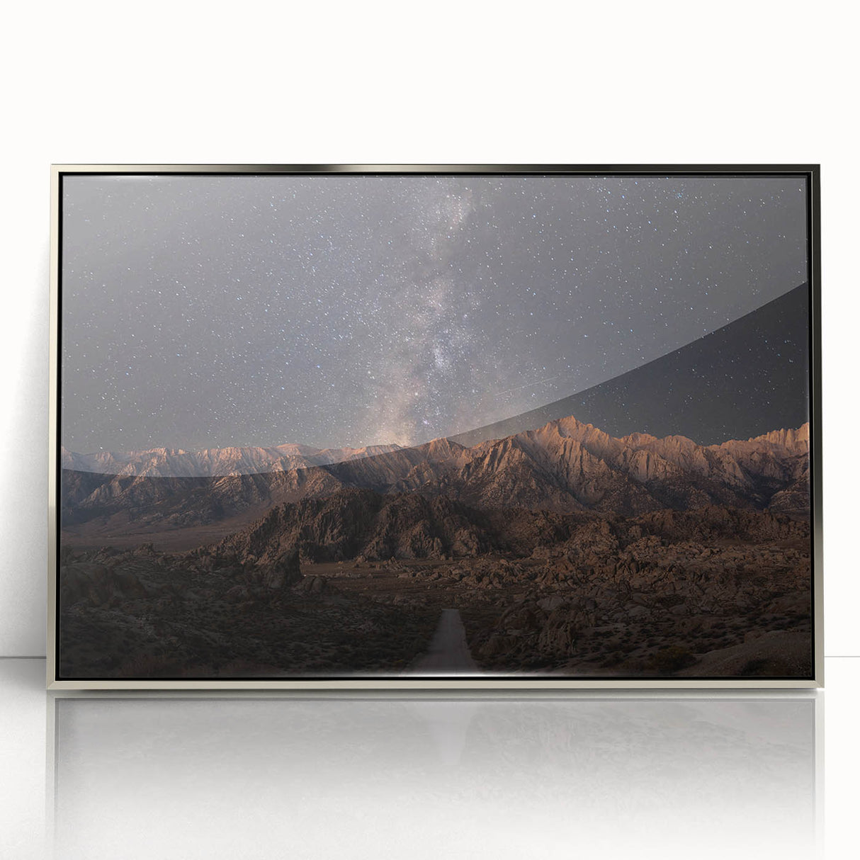 Mid-century modernist art of Sierra Nevada in muted earth tones on a framed acrylic, ideal for nursery wall decor.