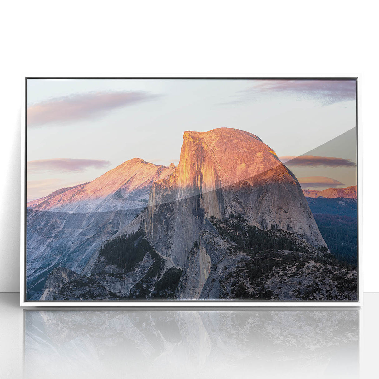 Acrylic print of Yosemite scenery in muted earth tones, framed in white, suited for modern art wall decor or nursery.