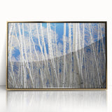 Mid-century modernist style large art print of Aspen, Colorado scenery in a gold-framed acrylic, featuring autumnal colors.