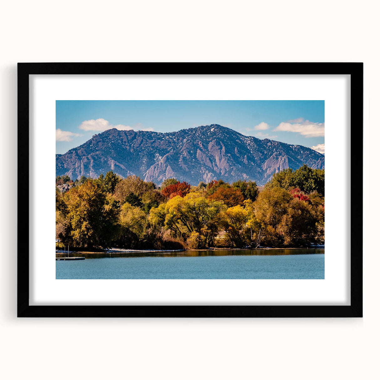 Abstract art print of Boulder, Colorado, featuring vibrant, textured colors on a large black-framed canvas.