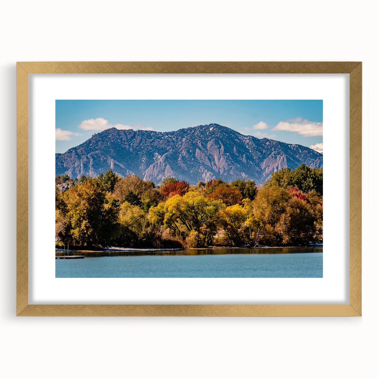 Extra large abstract art print of Boulder, Colorado scenery in muted earth tones, framed in gold.