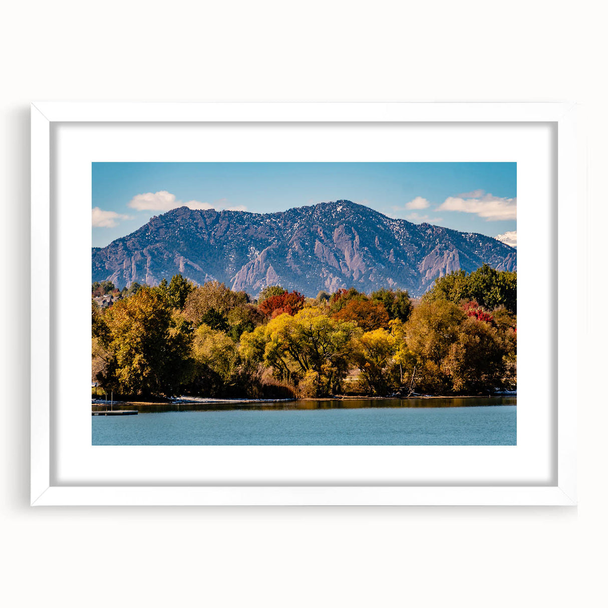Abstract art print of Boulder, Colorado, featuring vibrant earth tones on a framed white mat, ideal for dining room decor.