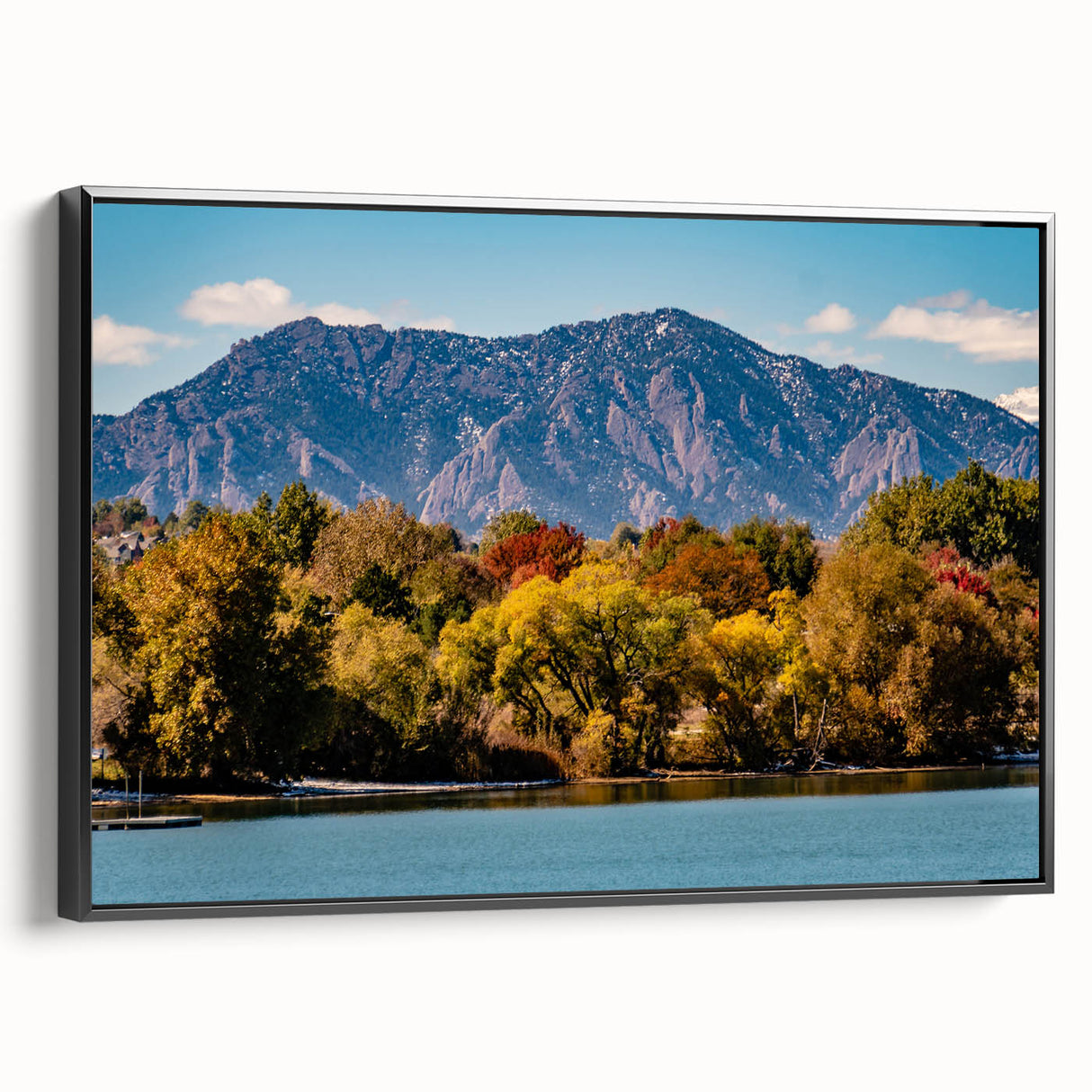 Black and white framed canvas depicting a vintage-style landscape of Boulder, Colorado, ideal for bedroom decor.