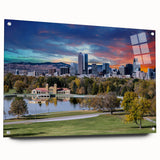 Acrylic print of a large abstract depiction of Denver, Colorado in muted earth tones.
