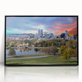 Large abstract wall art depicting a stylized Denver skyline in muted gray and blue tones on a framed acrylic panel.
