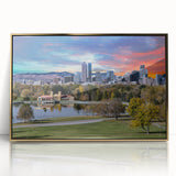 Framed acrylic print of Denver skyline with gold accents in mid-century modernist style, ideal for modern art wall decor.