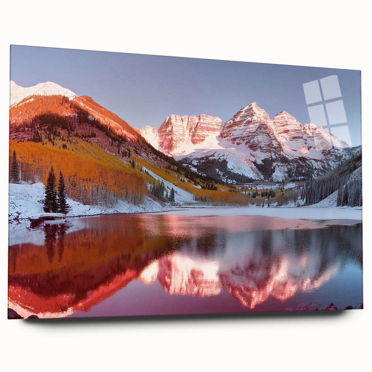 Large abstract depiction of Maroon Bells, Colorado in muted earth tones on acrylic glass.