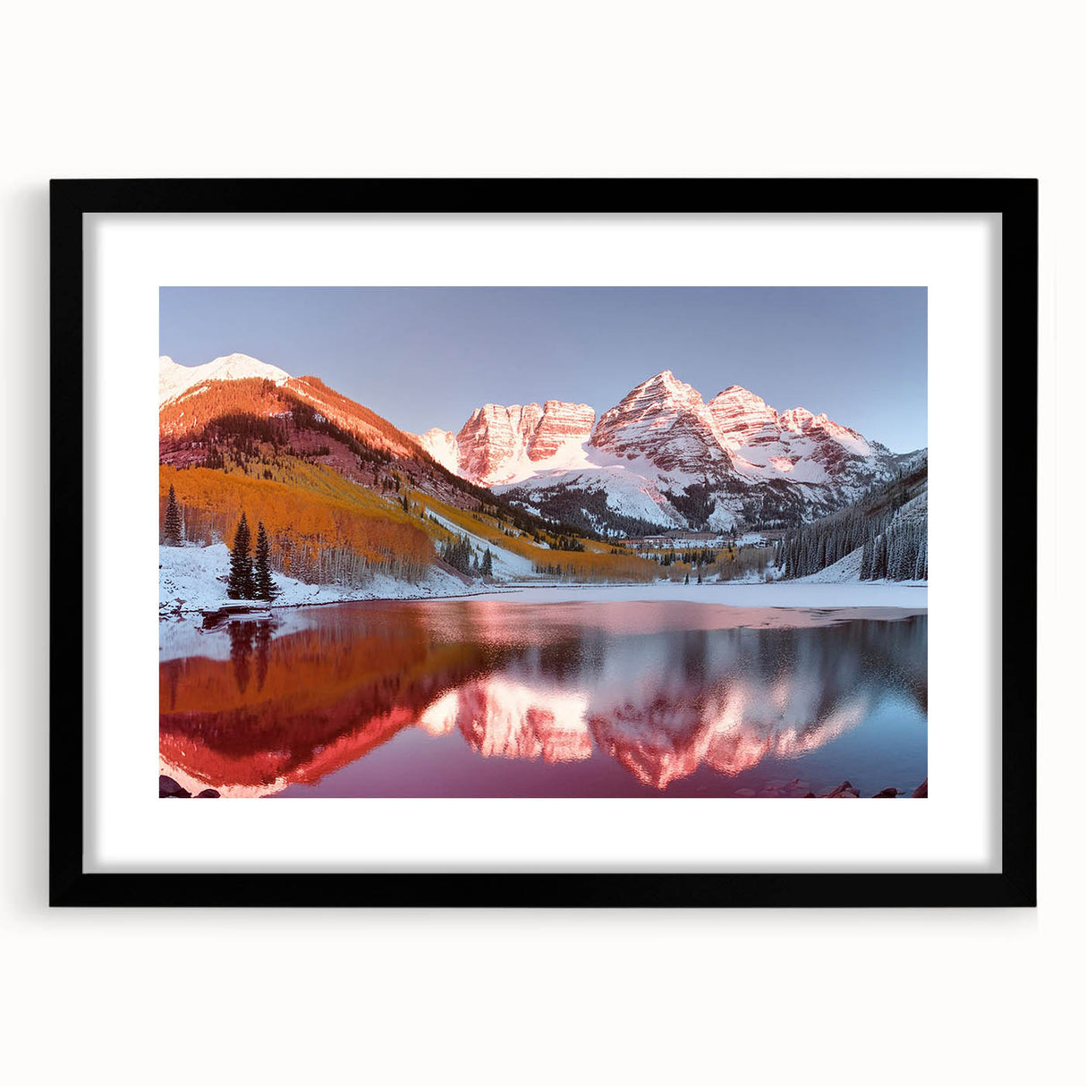 Extra large framed wall art of abstract Colorado Maroon Bells in vibrant, textured colors, ideal for living room decor.