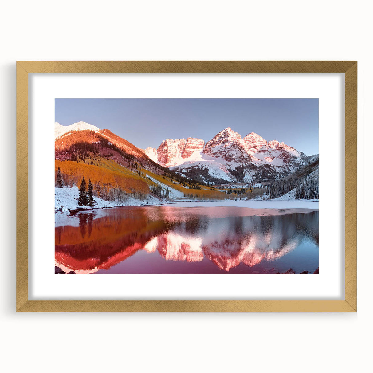 Extra large textured art print of Maroon Bells, Colorado, in a gold frame, featuring abstract elements and earthy tones.
