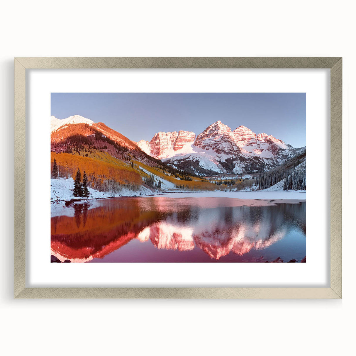 Textured art depicting Maroon Bells in Colorado with muted greens and blues, framed in silver, ideal for bedroom art.