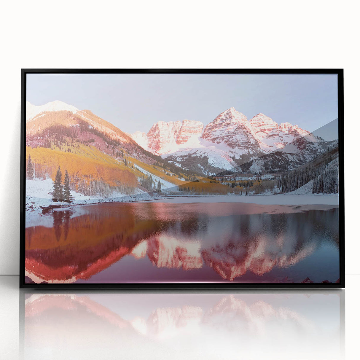 Large abstract wall art depicting Maroon Bells, Colorado in muted earth tones on a framed acrylic.