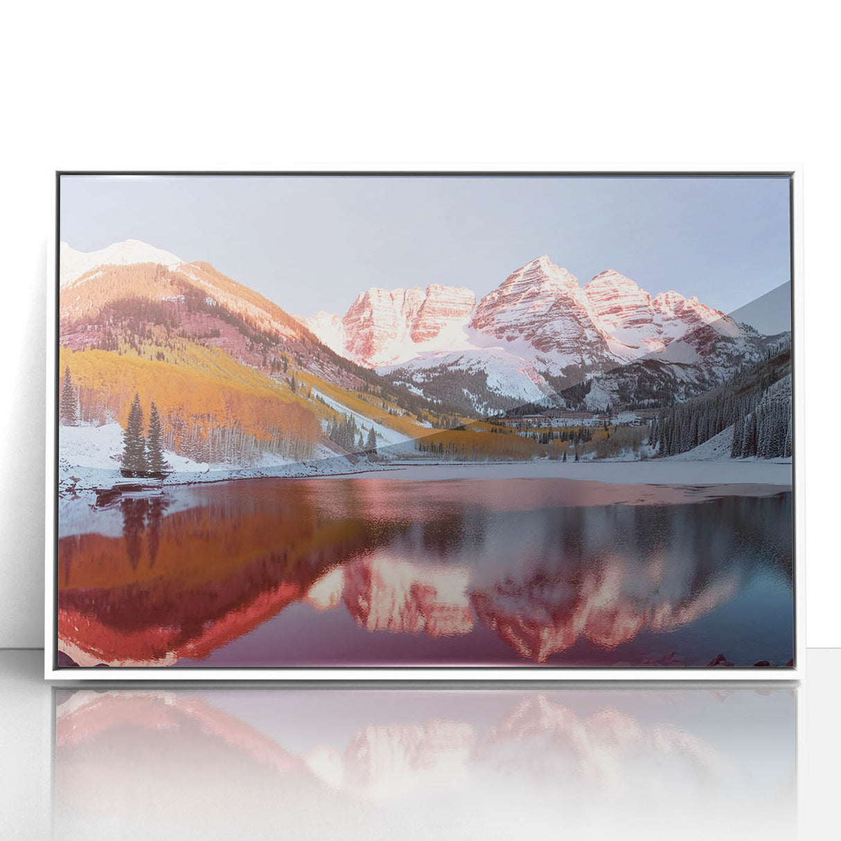 Acrylic print of Maroon Bells with reflective lake in muted earth tones, framed in white, suitable for modern art wall decor.