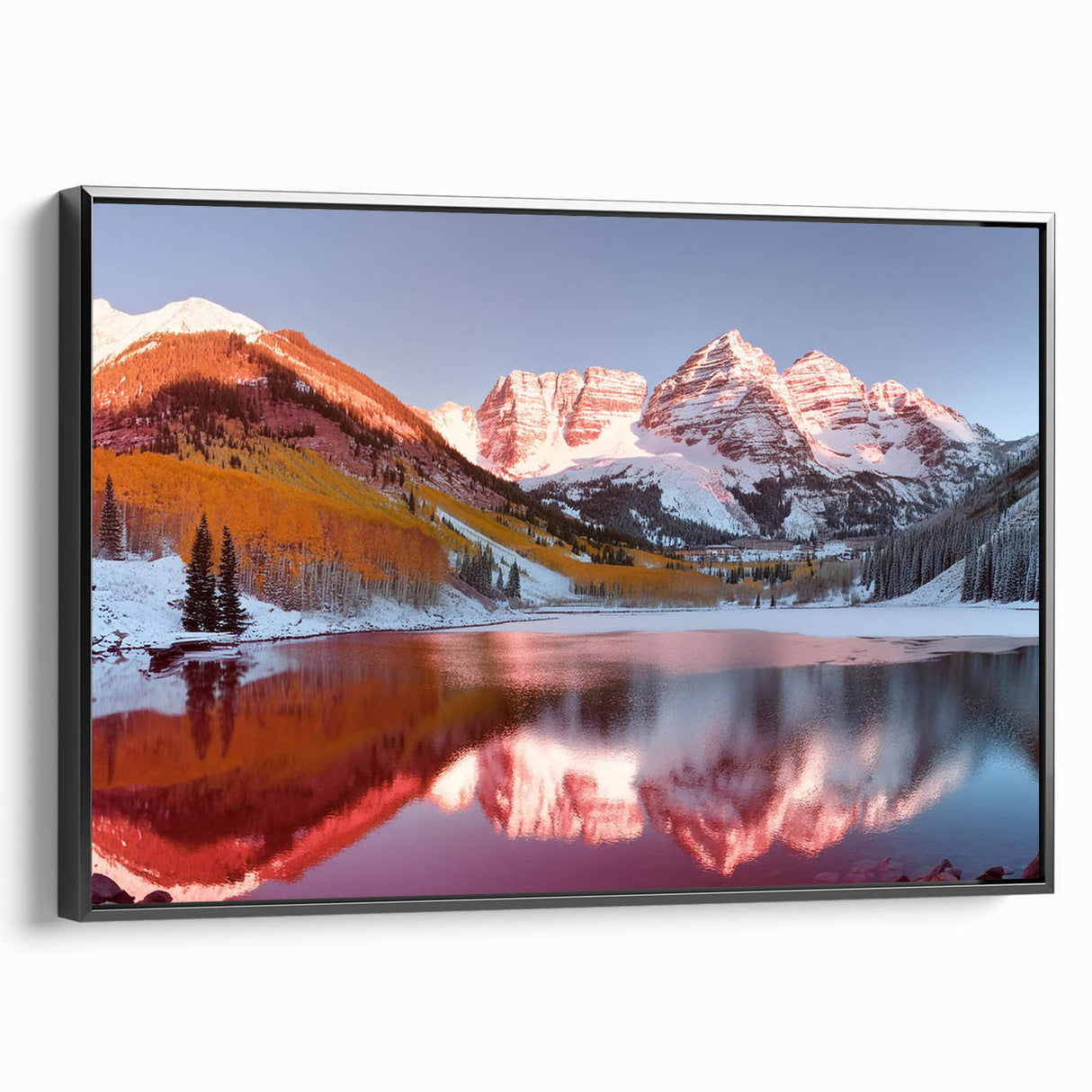 Black and white framed canvas of Maroon Bells, Colorado landscape, ideal for bedroom wall art.