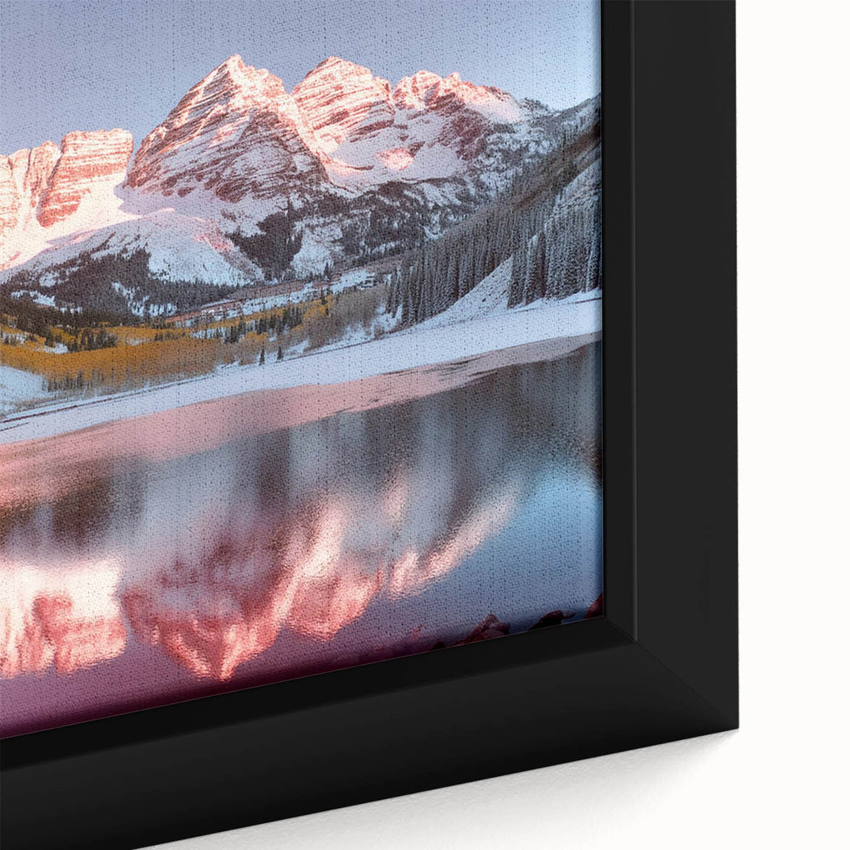 Extra large framed canvas of Maroon Bells, Colorado with textured, colorful art on a black background.