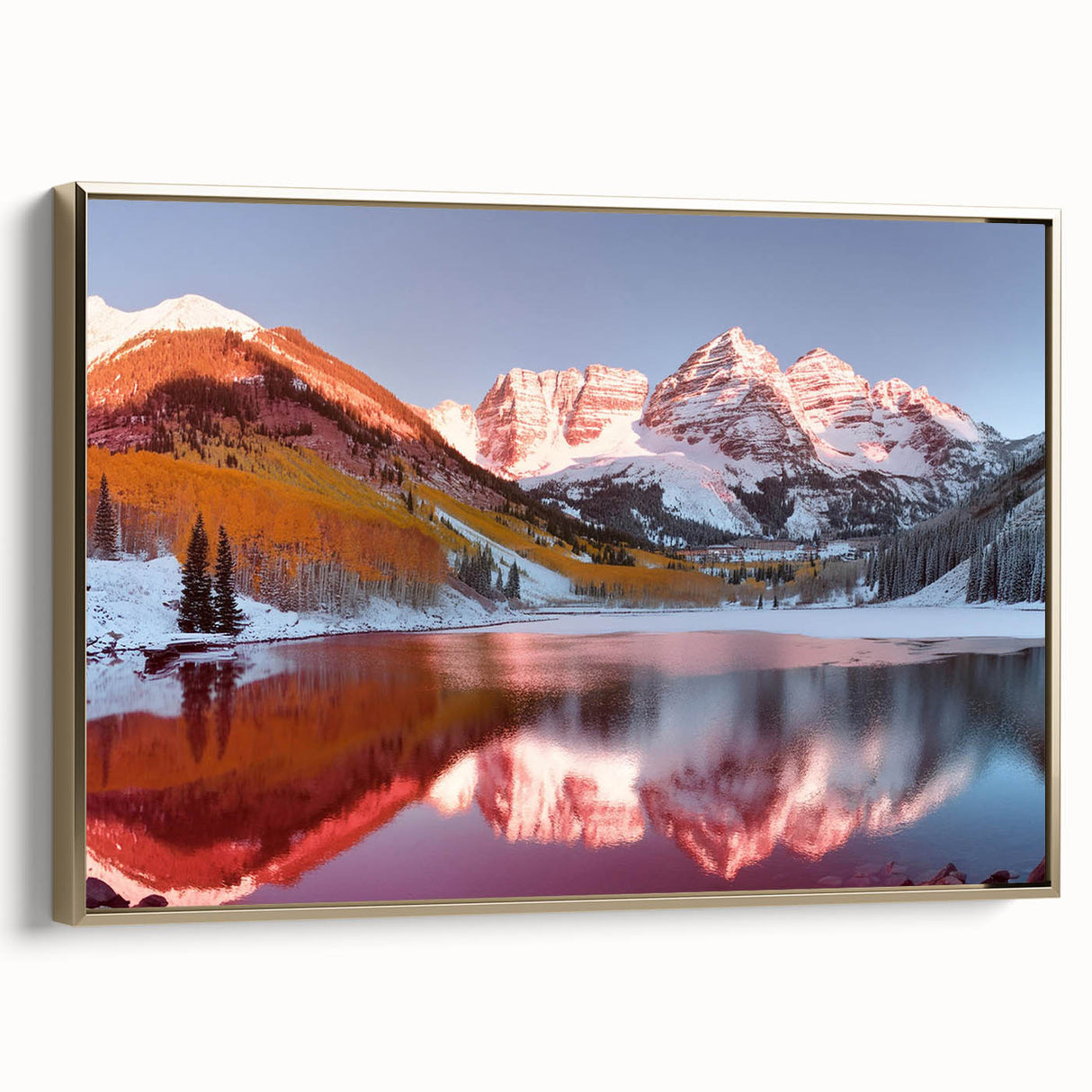 Framed canvas featuring a landscape painting of Maroon Bells, Colorado in muted earth tones, ideal for bedroom wall art.