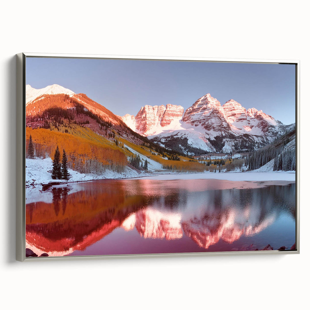 Framed canvas landscape art painting of Maroon Bells, Colorado, in muted earth tones, ideal for living room decor.