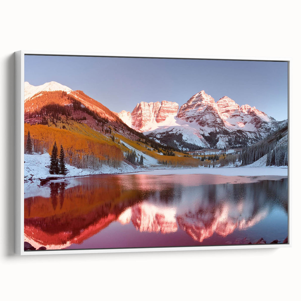 Vintage poster art of Maroon Bells, Colorado with vibrant colors on a large framed canvas, suited for living room decor.