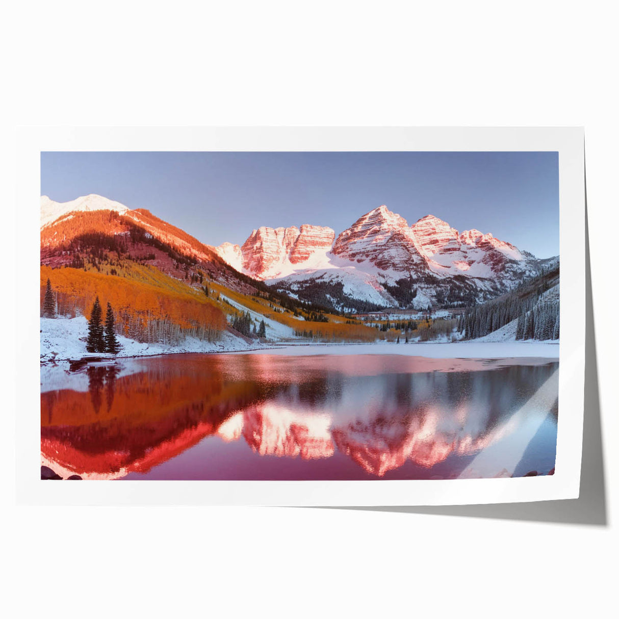 Extra large rolled print of Maroon Bells, Colorado with vivid autumn colors, ideal for art wall dining room.