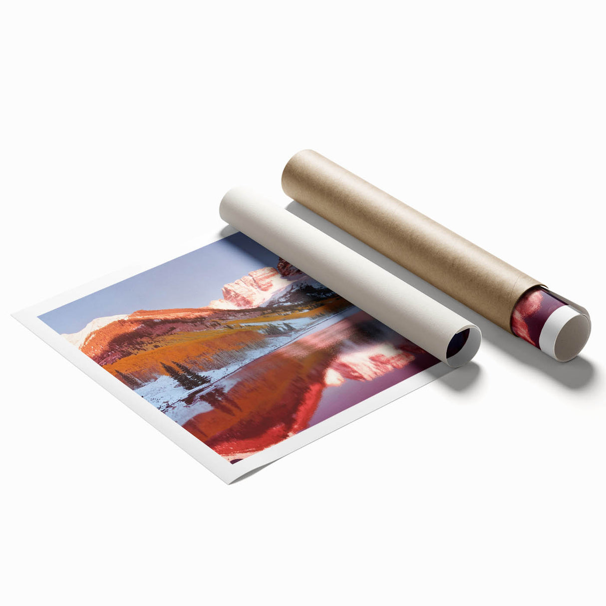 Maroon Bells Colorado landscape in autumn on extra large rolled print, featuring muted earth tones.