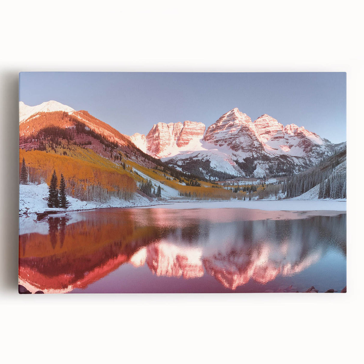 Black and white photo of Maroon Bells, Colorado on large stretched canvas, suitable for kitchen wall art.