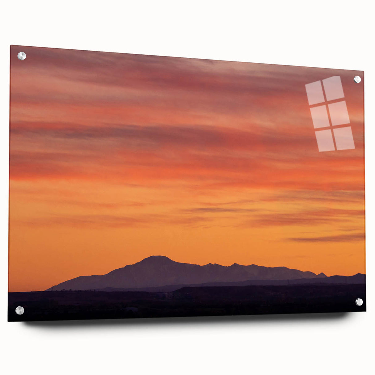 Acrylic print of Pikes Peak with vivid blue and green tones, suitable for dining room or bedroom decor.