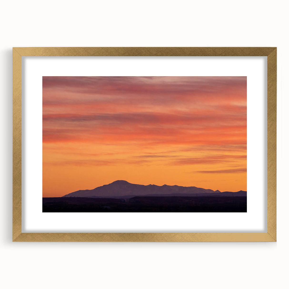 Extra large abstract art print of Pikes Peak in textured hues of blue and gray, framed in gold, ideal for living room decor.