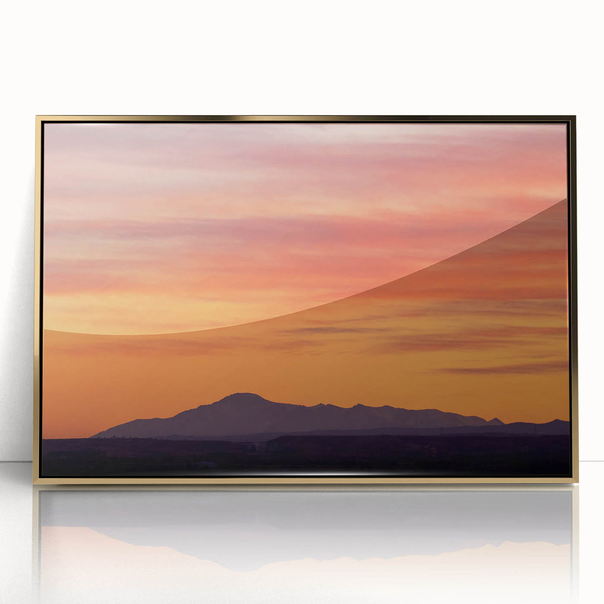 Framed acrylic print of Pike's Peak with gold hues in a mid-century modernist style, suitable for modern art wall decor.