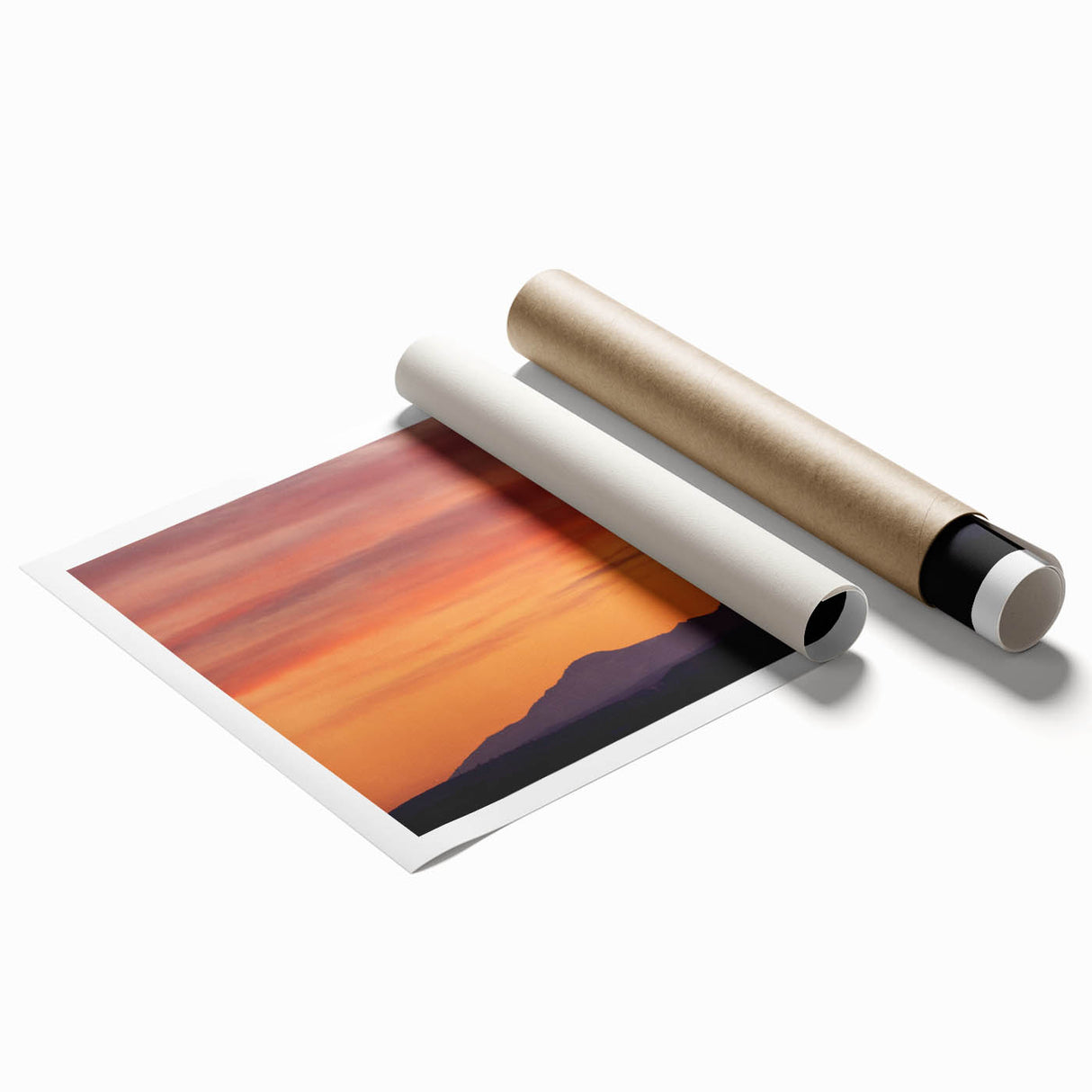 Rolled print of Pikes Peak with soft floral foreground in muted earth tones, suitable for large living room wall art.