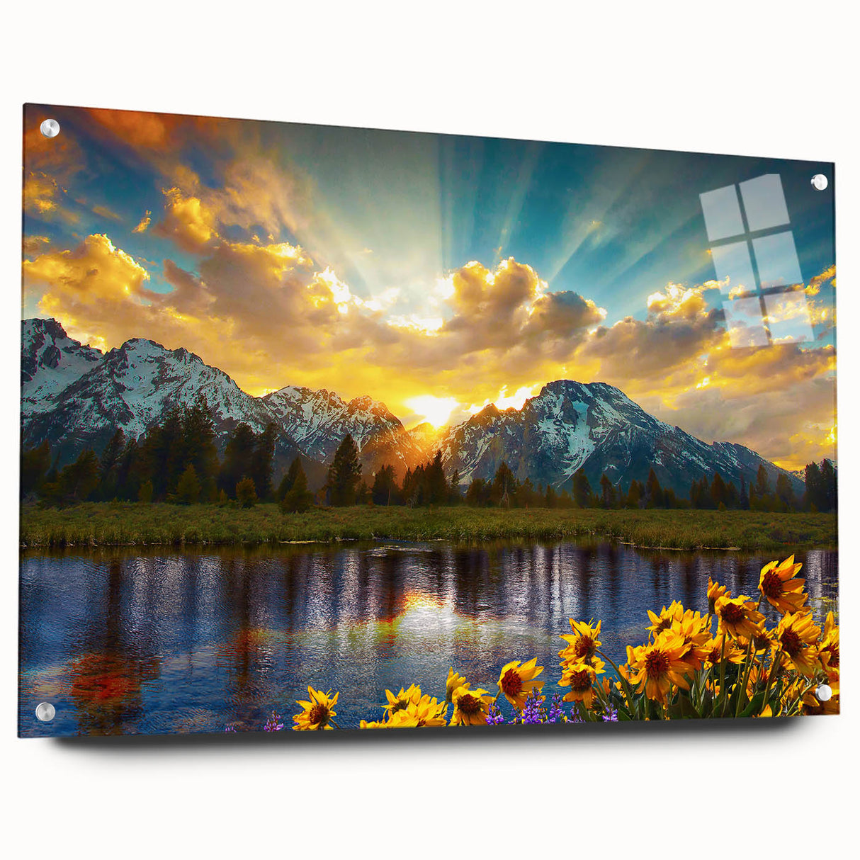 Acrylic print of the Rocky Mountains in muted earth tones, suitable for bedroom or dining room decor.