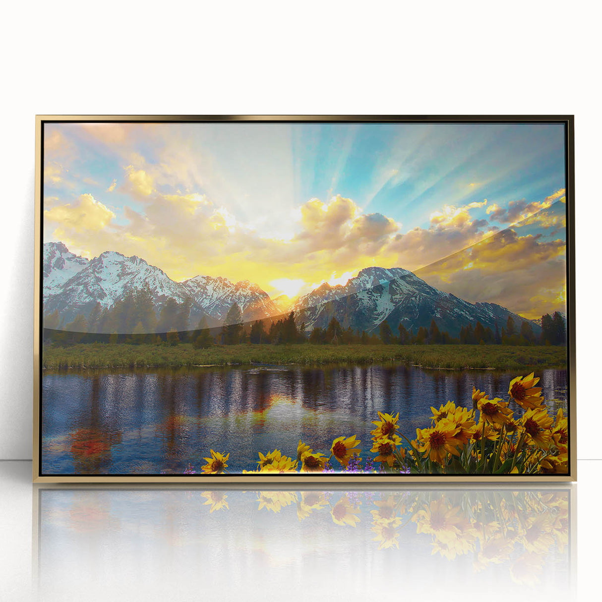 Framed acrylic print of Rocky Mountains with gold hues, in mid-century modernist style, suitable for modern art wall decor.