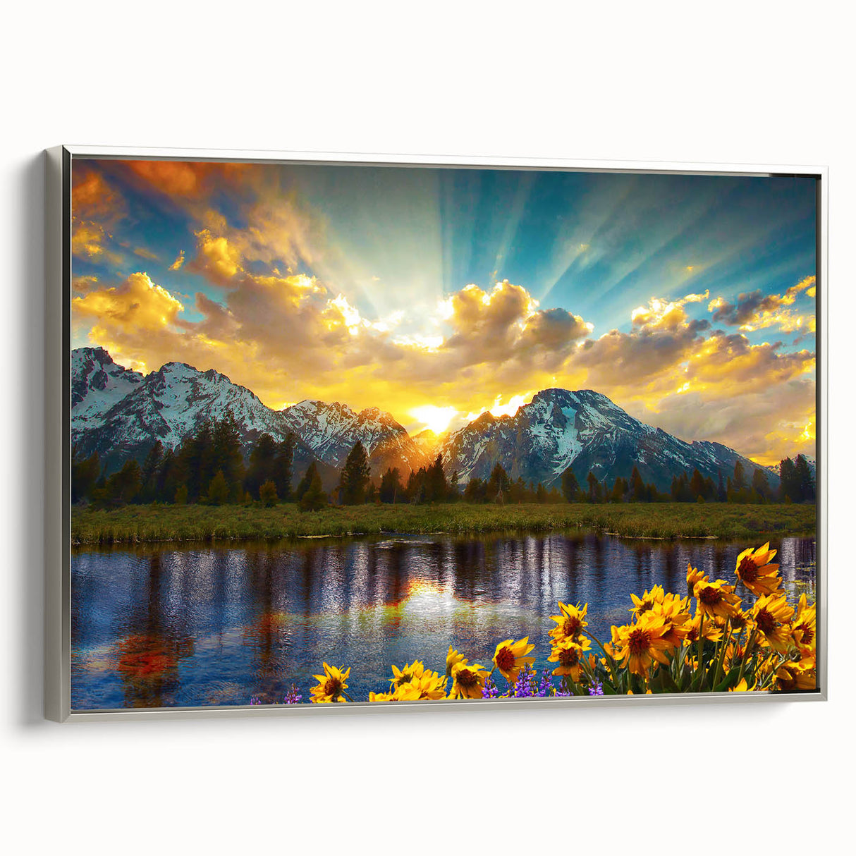 Framed canvas of a vintage-style Rocky Mountains landscape, featuring vibrant greens and blues, ideal for living room decor.