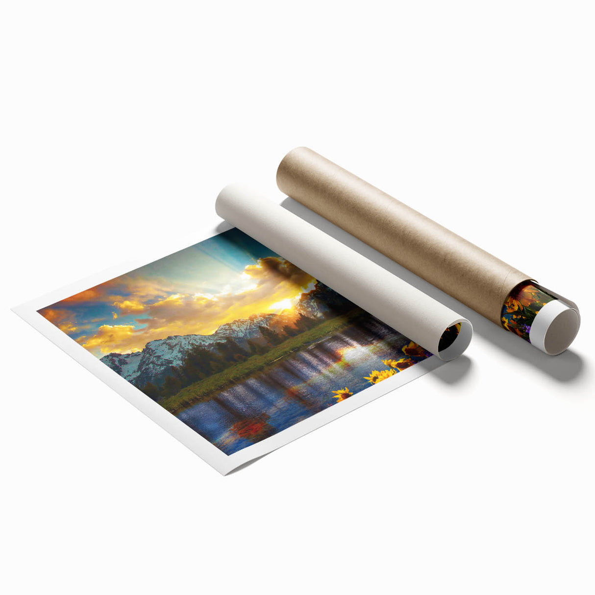 Extra large rolled print depicting the Rocky Mountains in muted earth tones, suitable for classy bathroom wall art.