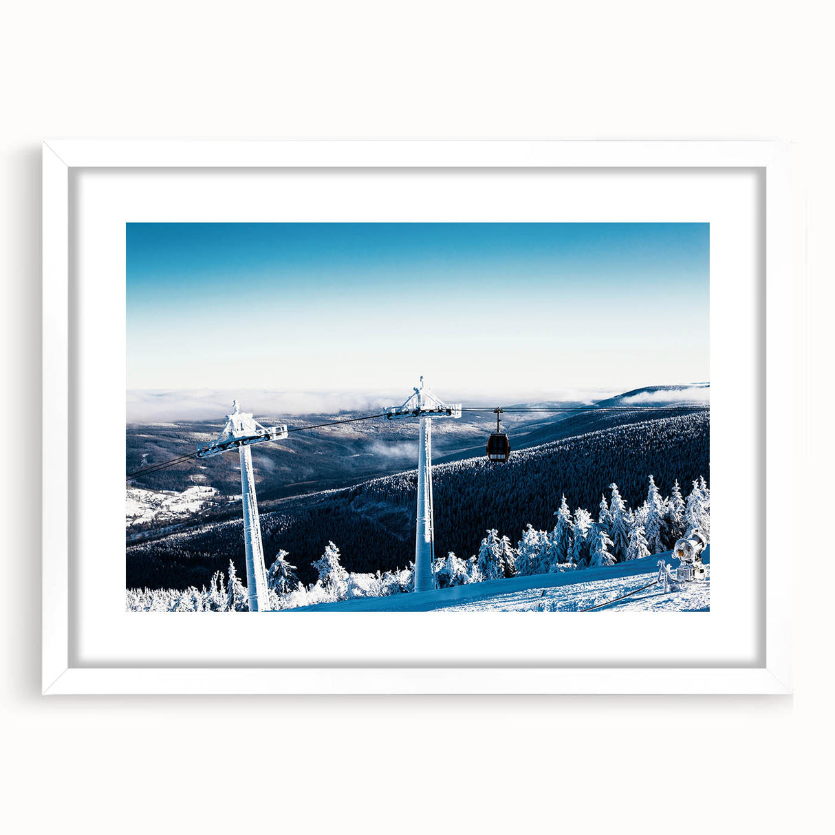 Abstract art print of Telluride, Colorado in muted earth tones on a white framed mat, suitable for dining room decor.