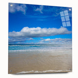 Large abstract wall art depicting Daytona scenery on acrylic glass, in muted blue and green tones.