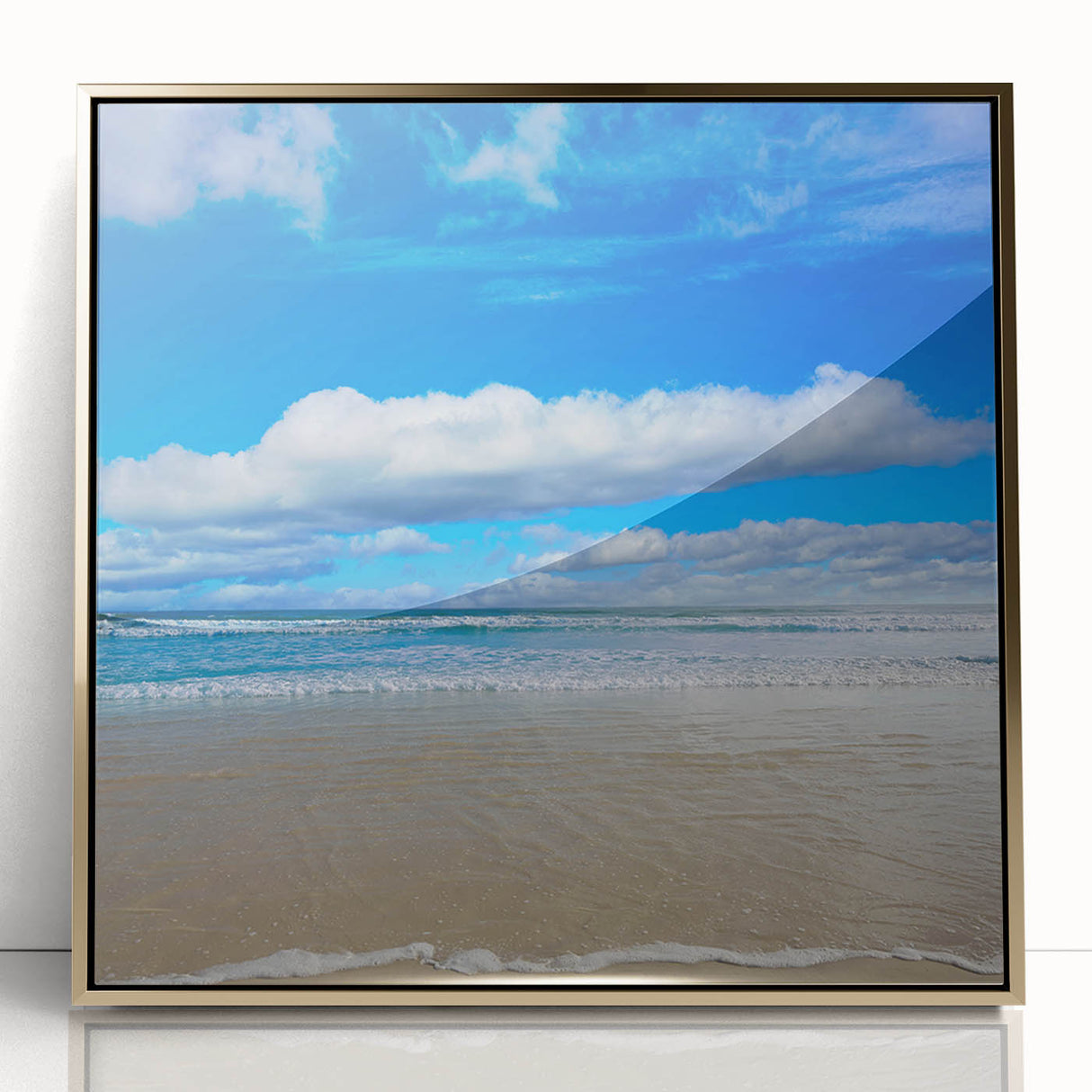 Mid-century modernist acrylic print of Daytona scenery in gold frame, suitable for modern art wall decor.