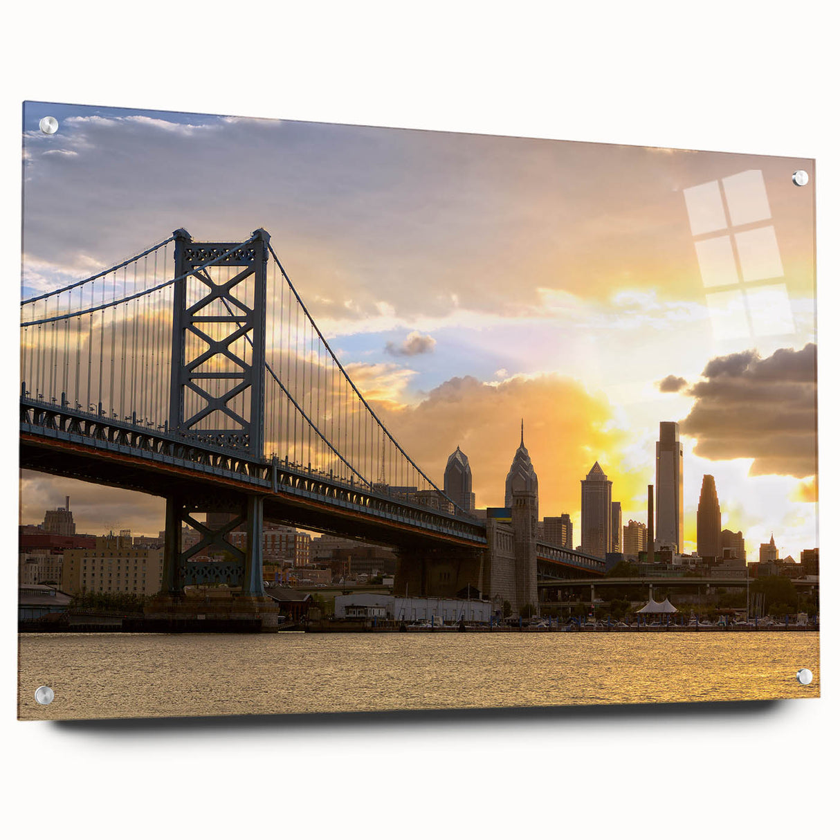 Large abstract wall art depicting Delaware scenery in muted green and blue tones on acrylic glass.