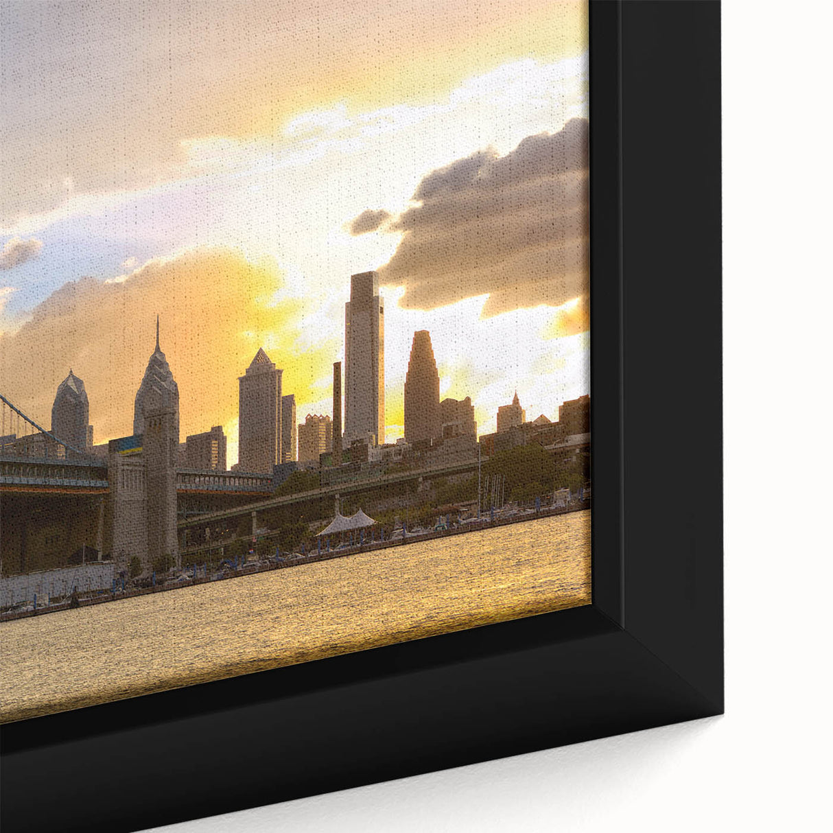 Extra large framed canvas of a textured Delaware scenery in black with colorful accents, ideal for living room decor.