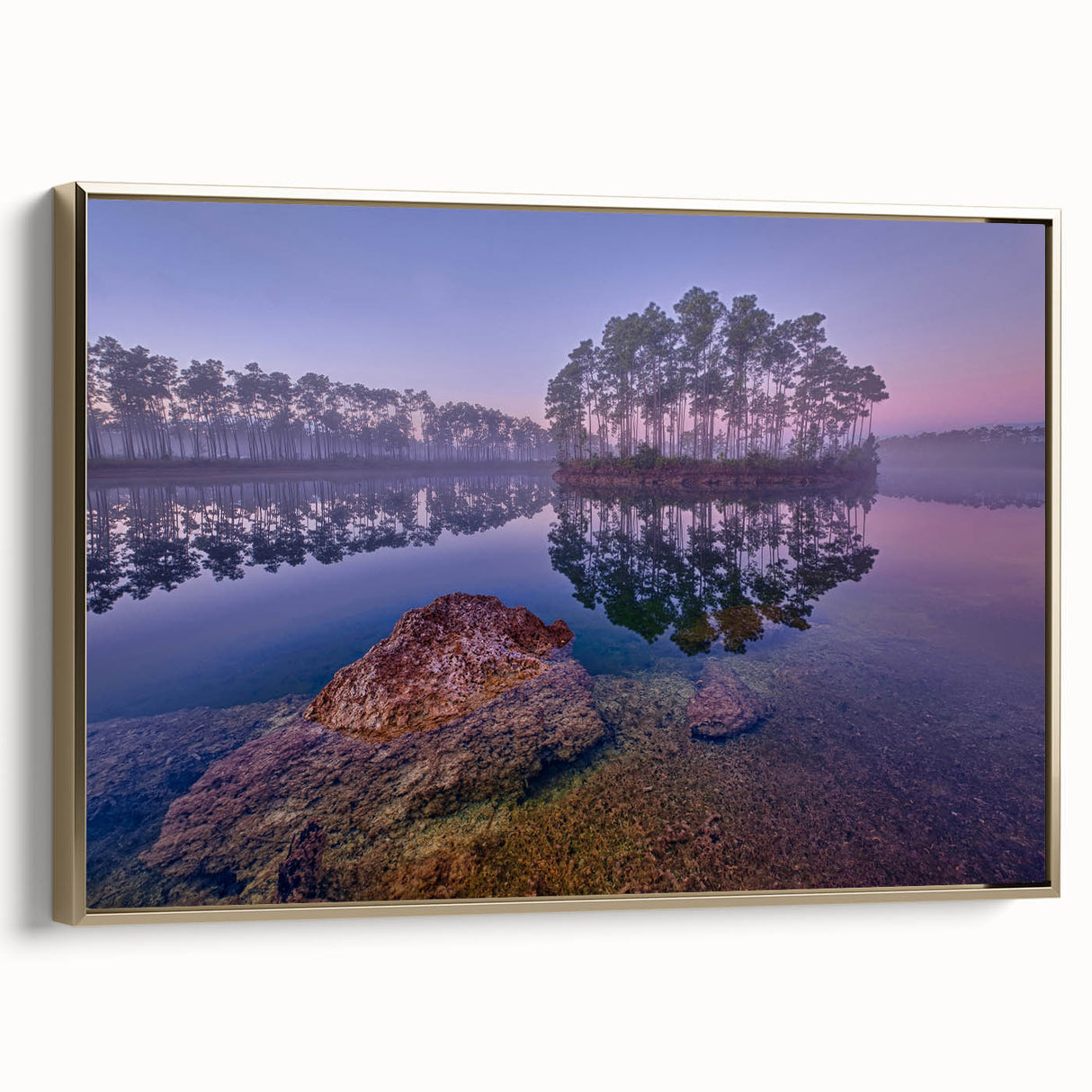 Framed canvas depicting a serene Everglades landscape in muted greens and blues, ideal for bedroom wall art.