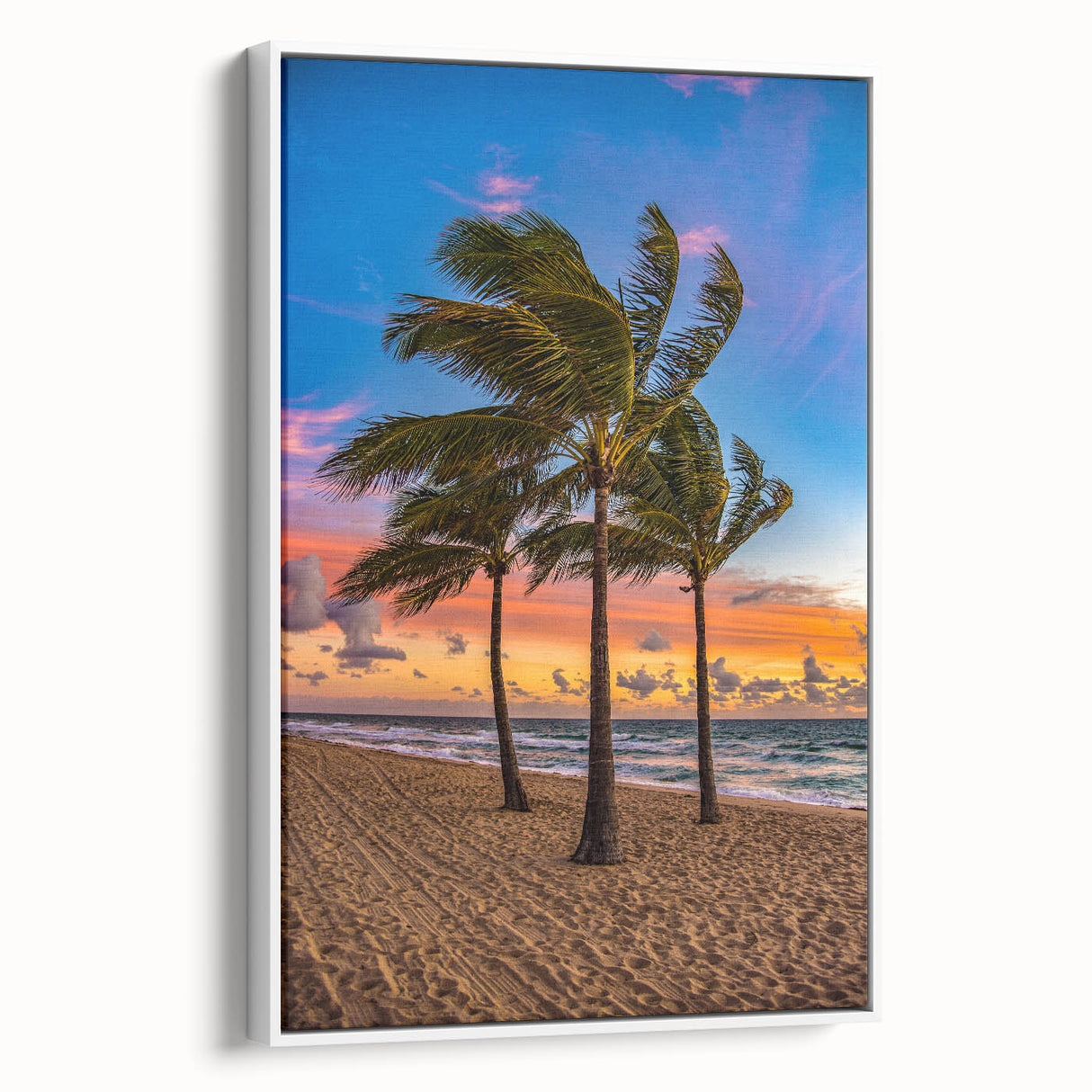 Vintage poster art of Fort Lauderdale scenery in vibrant colors on a large framed canvas, ideal for living room decor.