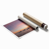 Rolled print of Florida Keys scenery with vibrant ocean blues and palm tree silhouettes, ideal for classy bathroom wall art.