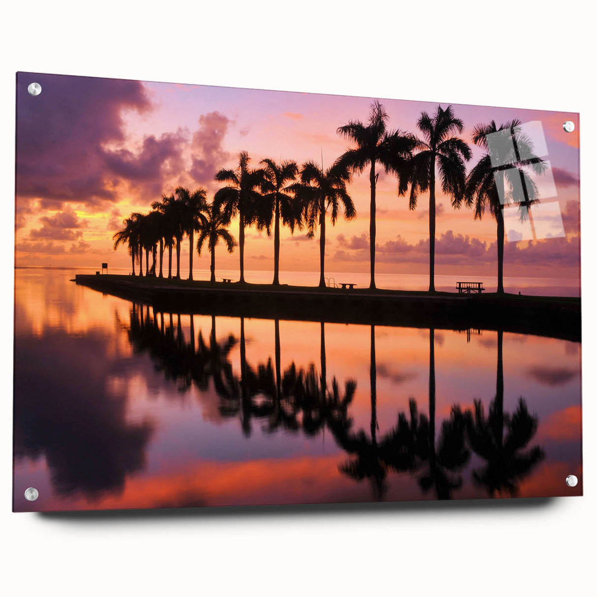 Acrylic print of a Miami skyline with vibrant sunset colors, ideal for bedroom or dining room decor.