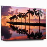 Acrylic print of a Miami skyline with vibrant sunset colors, ideal for bedroom or dining room decor.